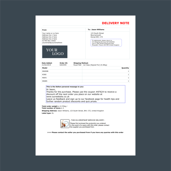 Personalised delivery notes and order messages - FREE SERVICE